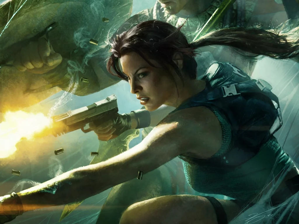 девушка, пистолет, lara croft and the guardian of light, лара крофт
