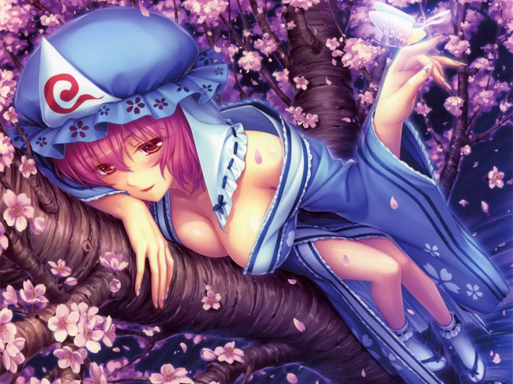 сакура, девушка, touhou, кимоно, дерево, лепестки, бабочка, saigyouji yuyuko