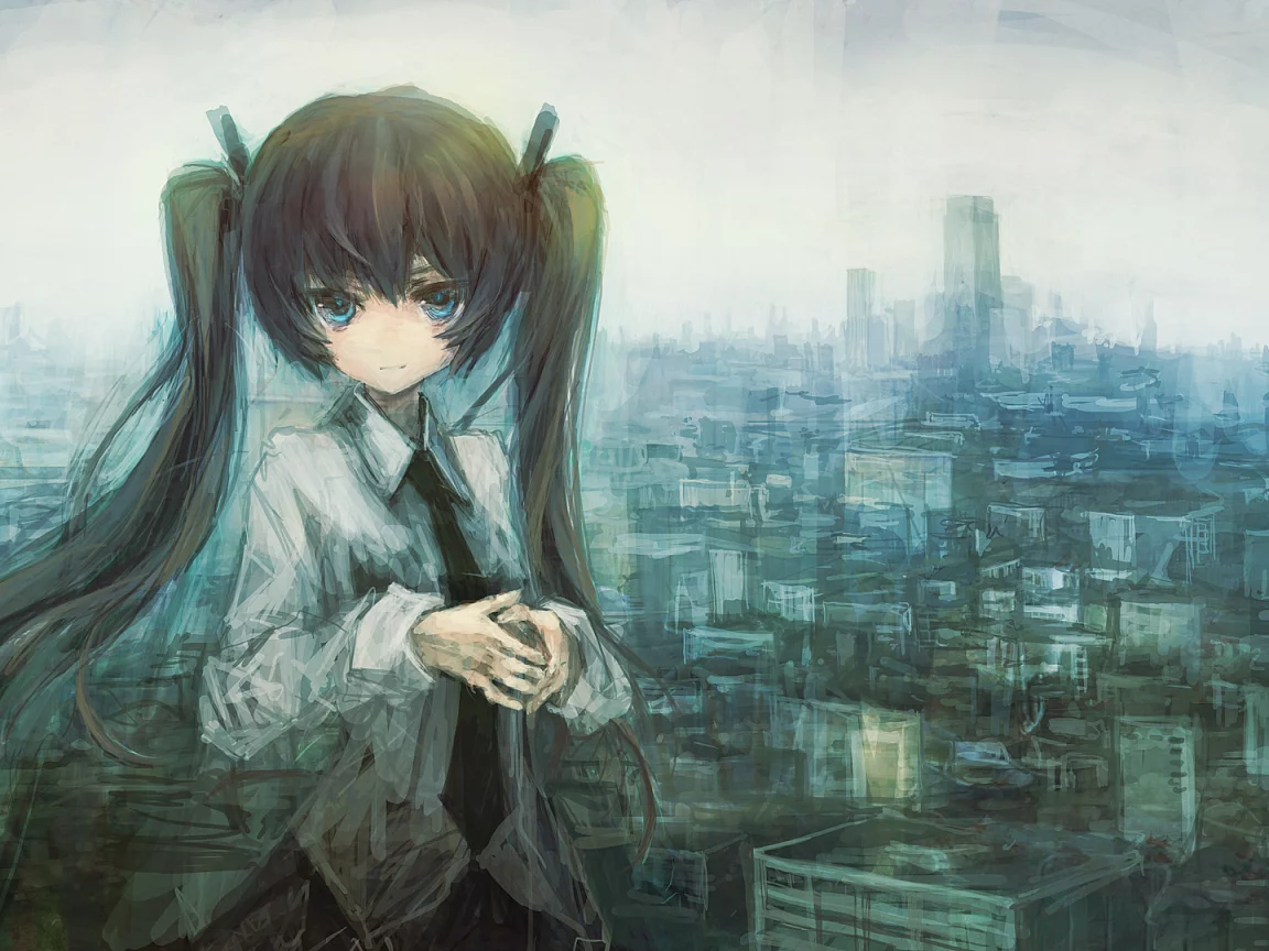город, hatsune miku, рисунок