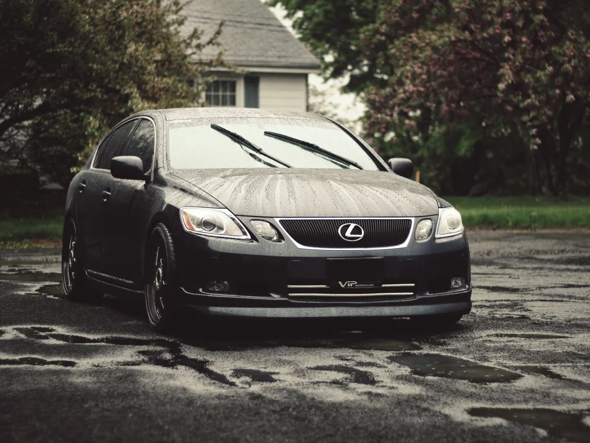 lexus, мокрый, стоит, асфальт, дождь, лужи