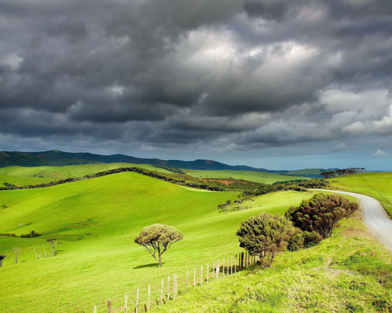 долина, пейзаж, thundercloud, тучи, деревья, горы, грозовые, valley, дорога, простор