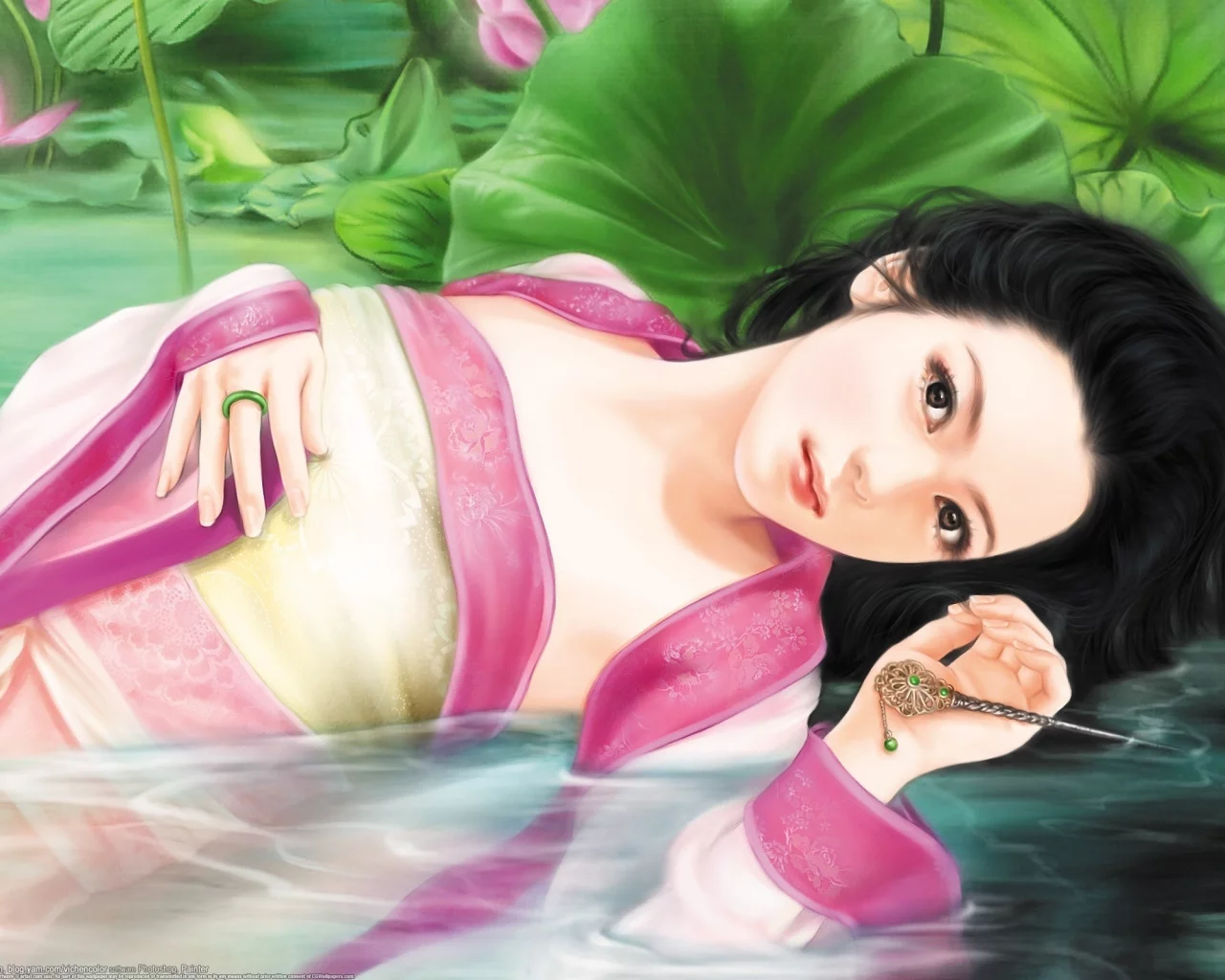 wen chen yen, арт, лежит, цветы, кольцо, кувшинки, девушка, листья, пруд, кимоно, вода