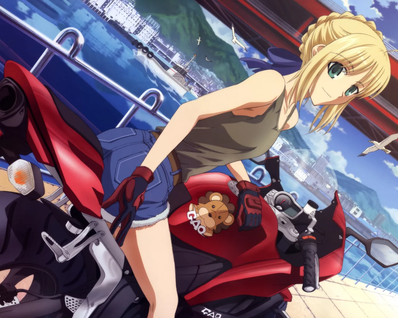 saber, fate stay night, мотоцикл, девушка, взгляд, река, bike