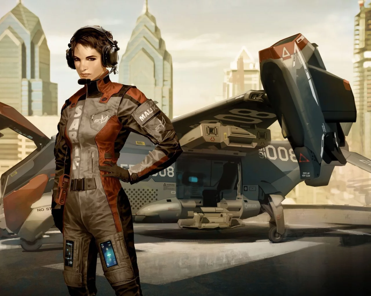 графика, самолет, deus ex, арт, игра, пилот, девушка, human revolution