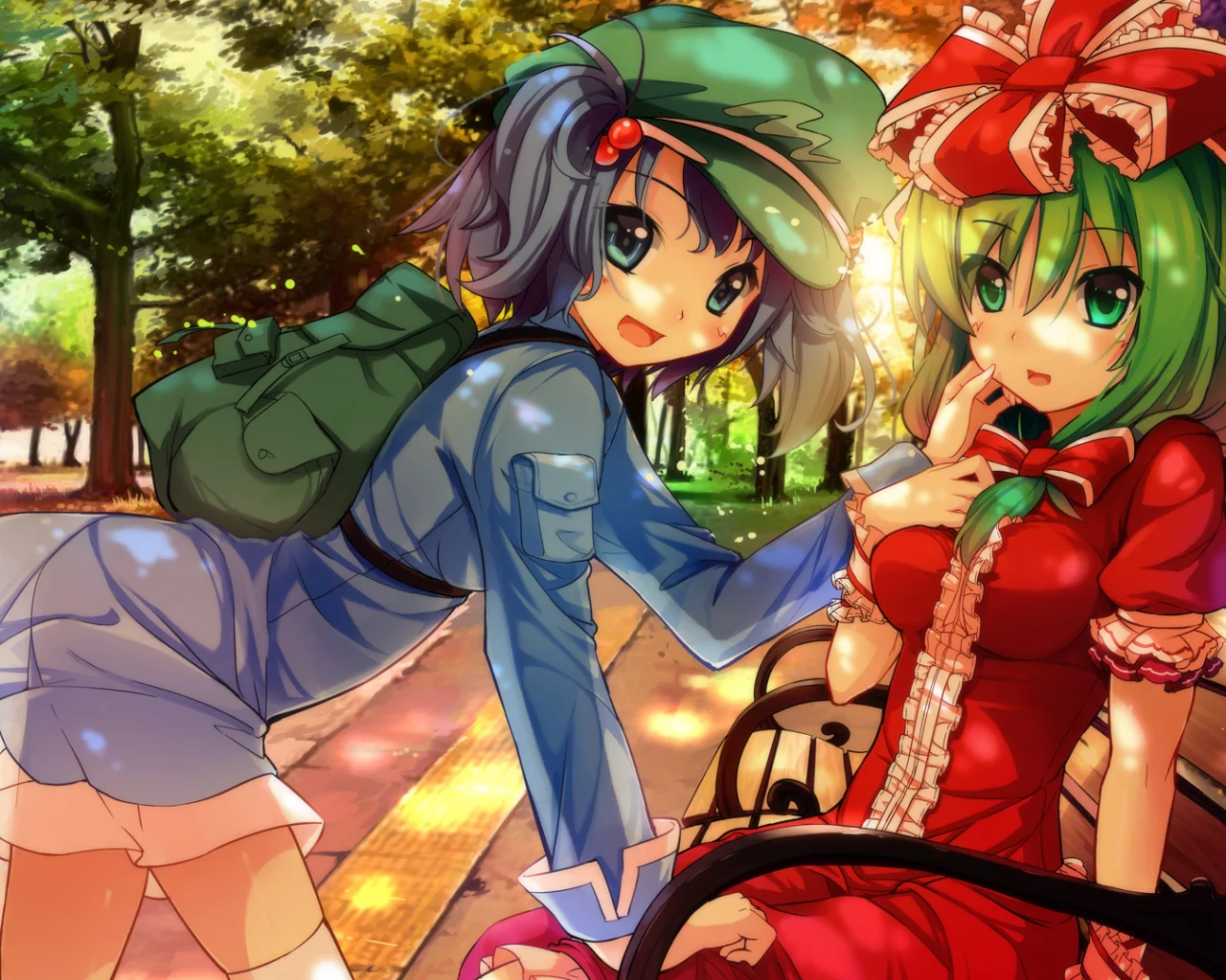 скамейка, touhou, лавочка, город, парк, рюкзак, деревья, девушки
