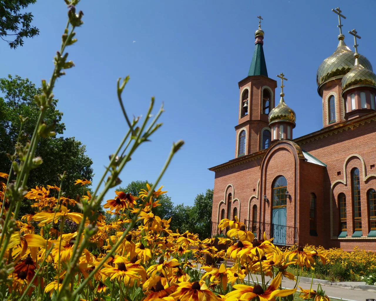 цветы, церковь, желтый, крест