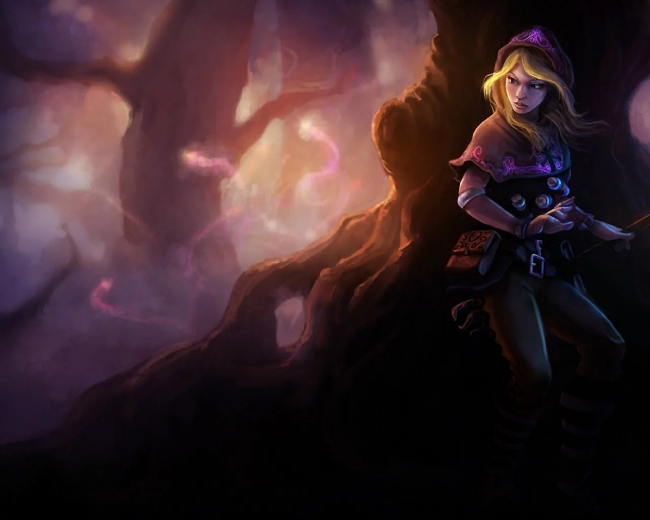 капюшон, lux, фонарь, арт, league of legends, лес, огонек, магия, девушка, темно