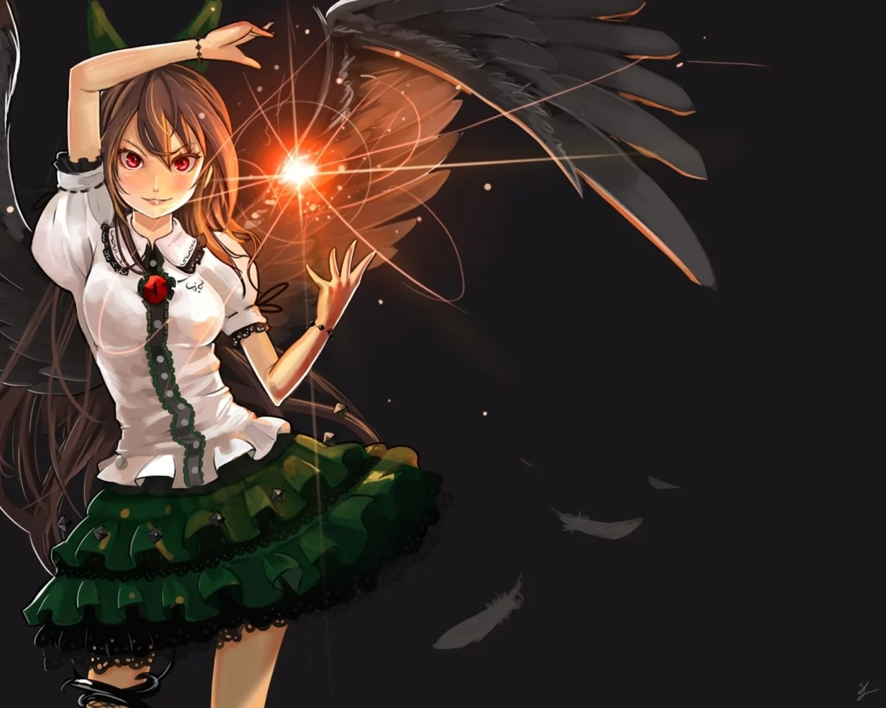 reiuji utsuho, магия, бант, prototype-d, перья, touhou, крылья, девушка, арт, красные глаза
