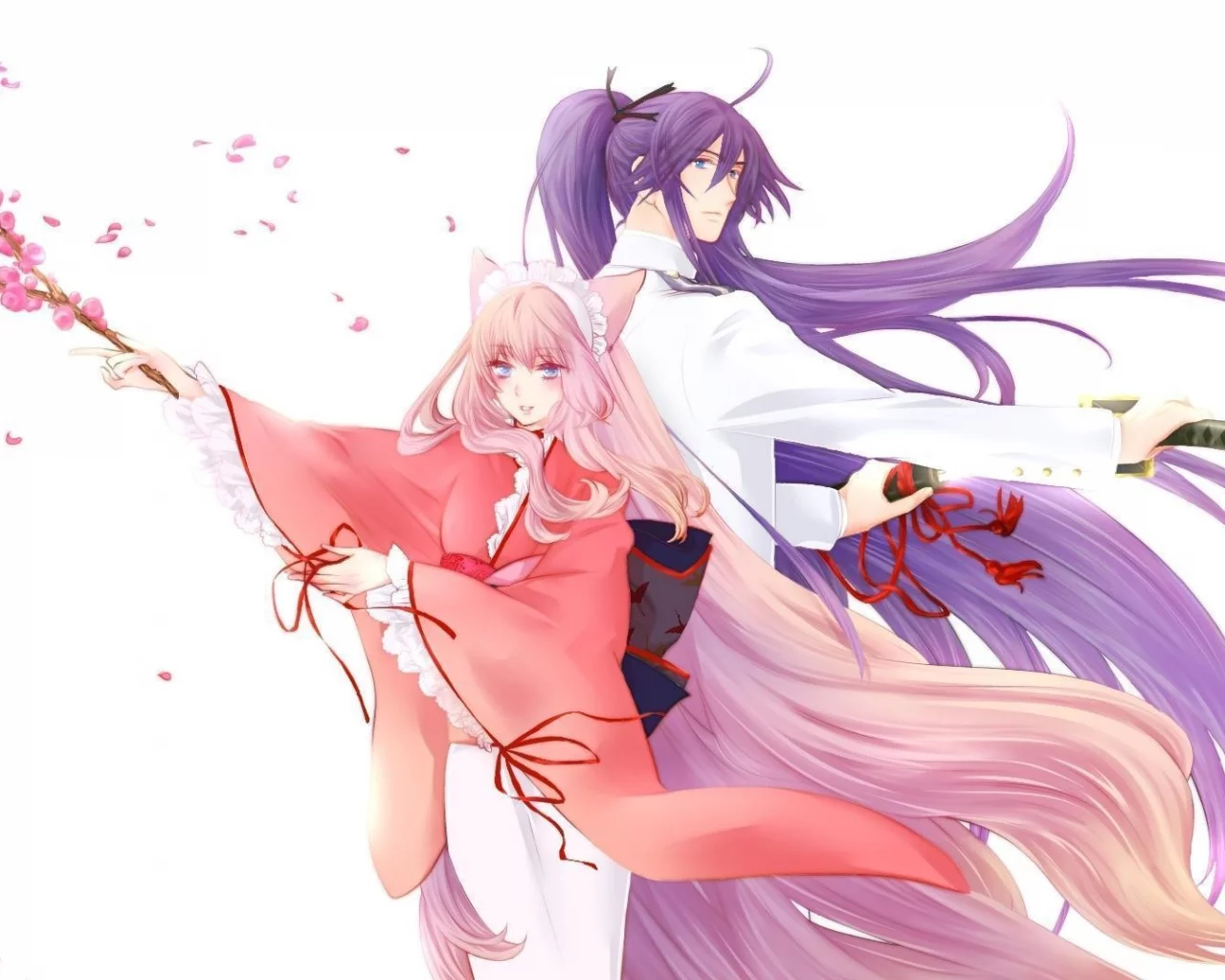 vocaloid, аниме, kamui gakupo, парень, вокалоид, сакура, весна, кимоно, девушка, оружие, megurine luka
