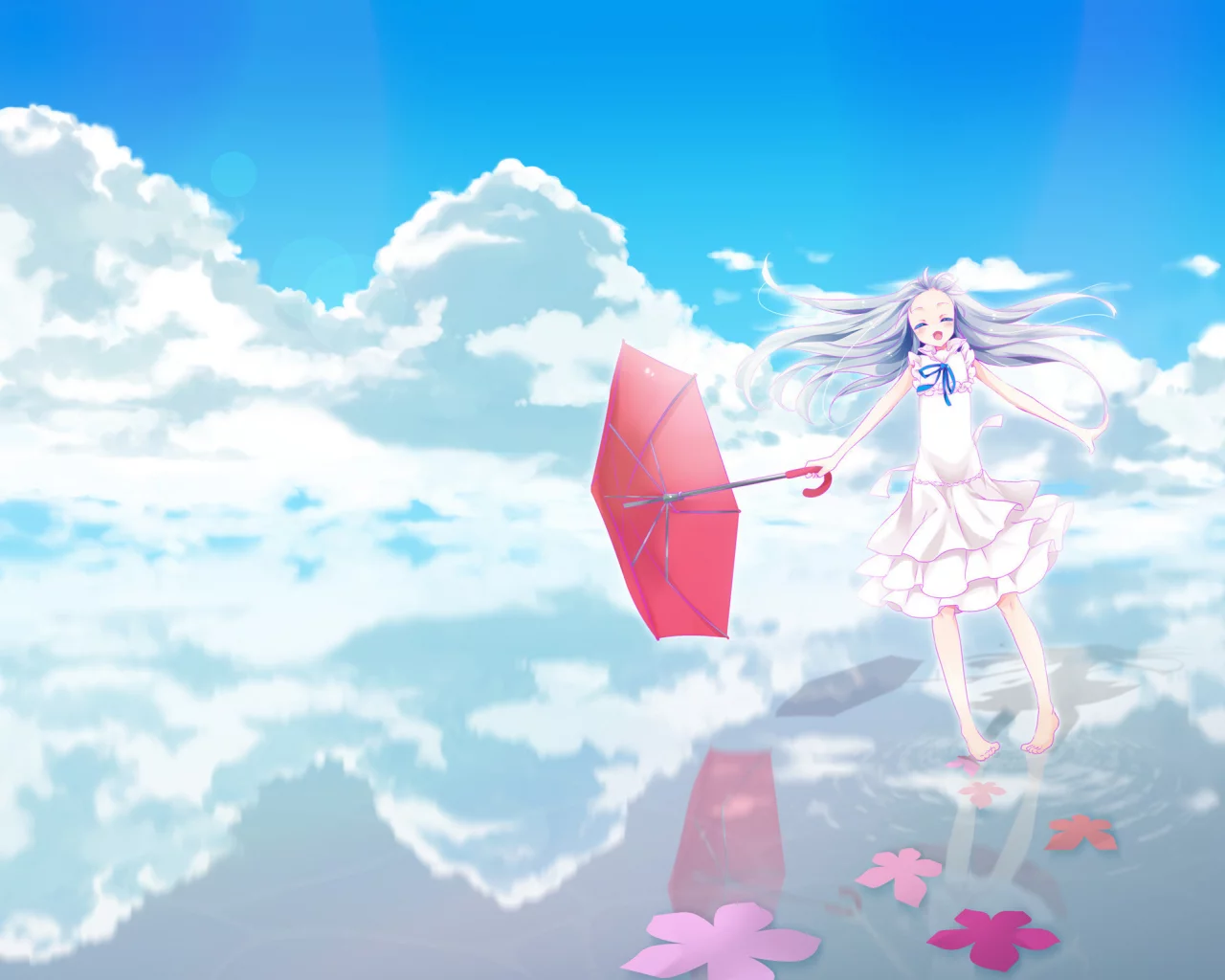 небо, мэйко хомма, аниме, зонтик, вода, anohana