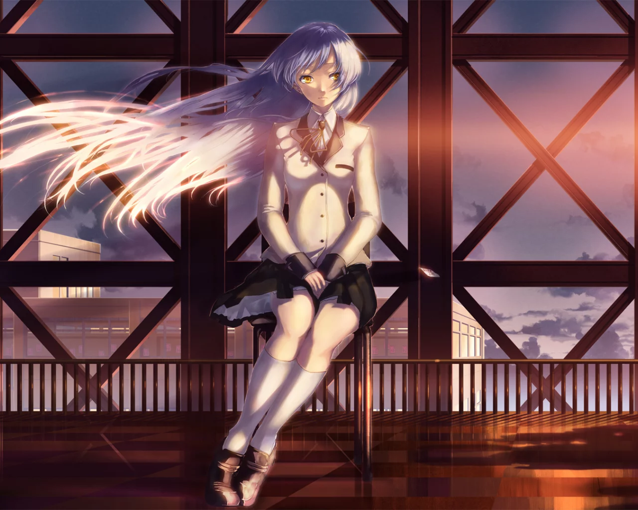девушка, angel beats, длинные волосы, sunset, закат, крыша