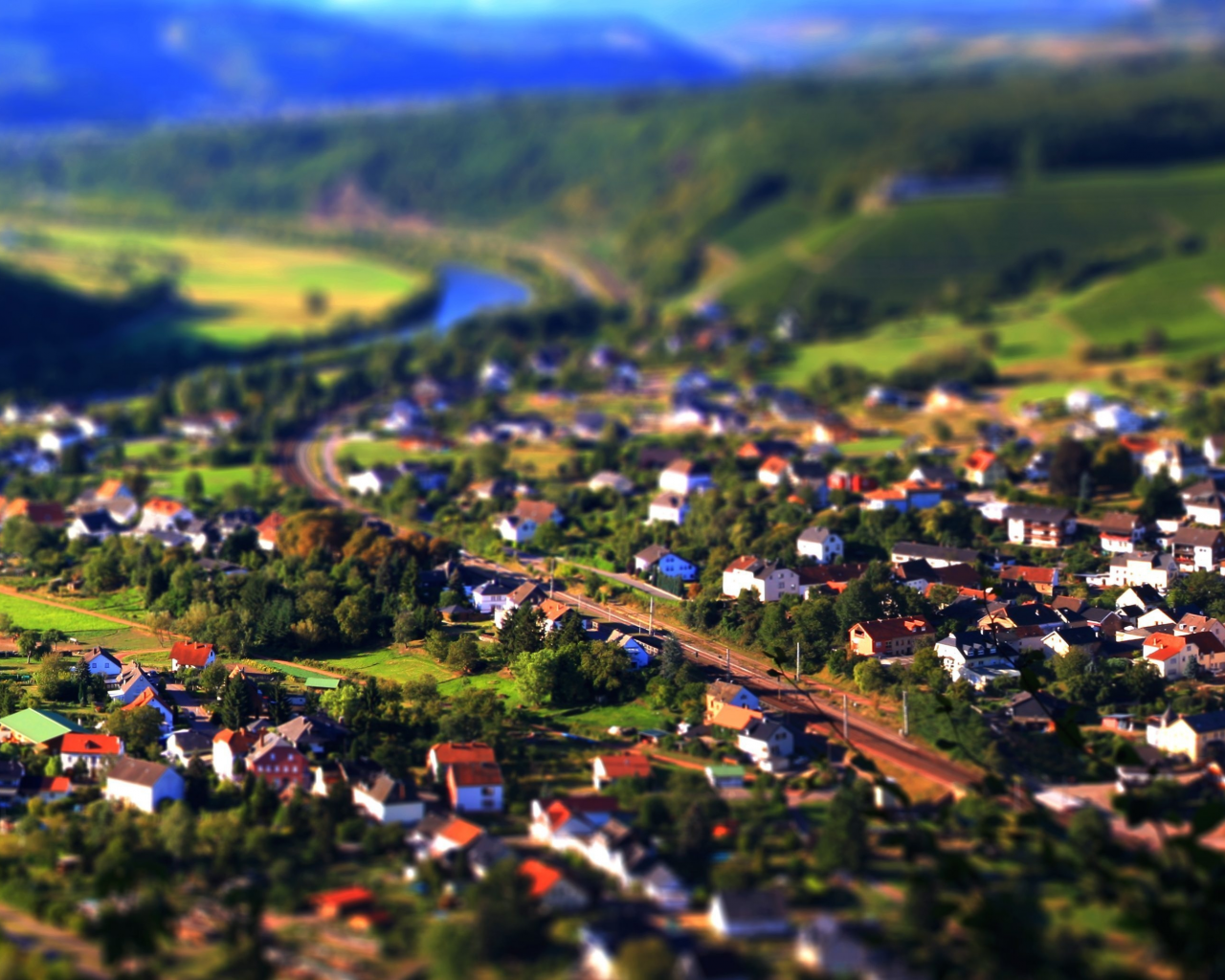 река, вид, холмы, горы, панорама, долина, tilt-shift, пейзаж, город, дома