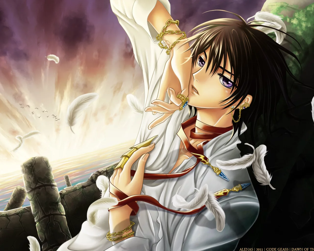аниме, парень, code geass, море