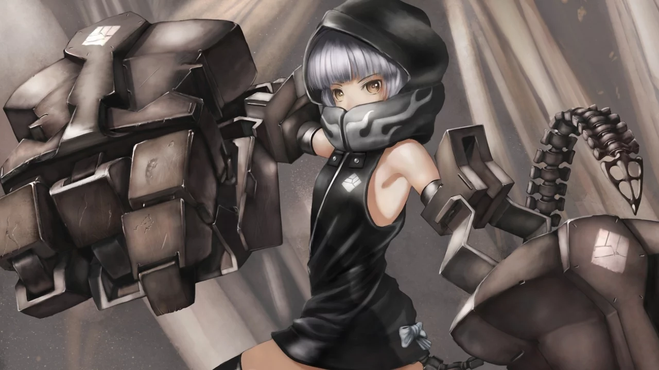 black rock shooter, yuu, металл, хвост, оружие, руки, девочка, капюшон
