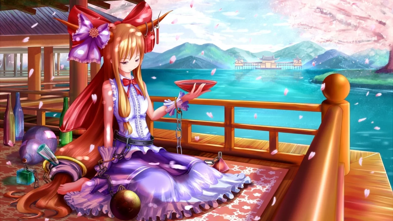 бант, цепи, перила, ibuki suika, пиала, девушка, touhou, пленница, рога, пруд, сакура