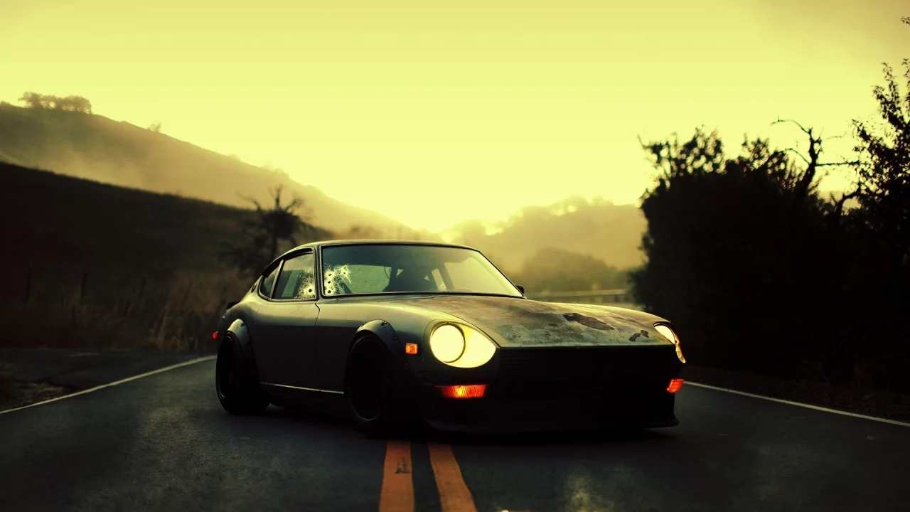 фары, datsun 260z, горы, дыры, простреленный, дорога
