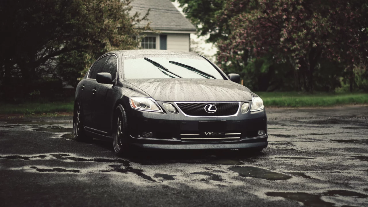 lexus, мокрый, стоит, асфальт, дождь, лужи