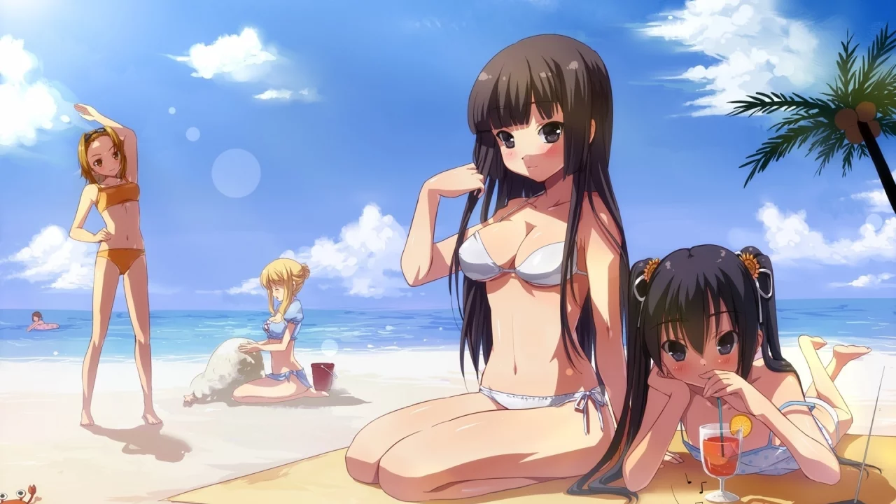 купальник, море, кейон, небо, девчонки, k-on, облака, пляж