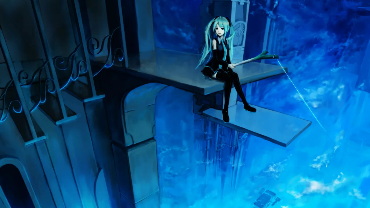 удочка, hatsune miku, улыбка, vocaloid, лестница, высота, девушка
