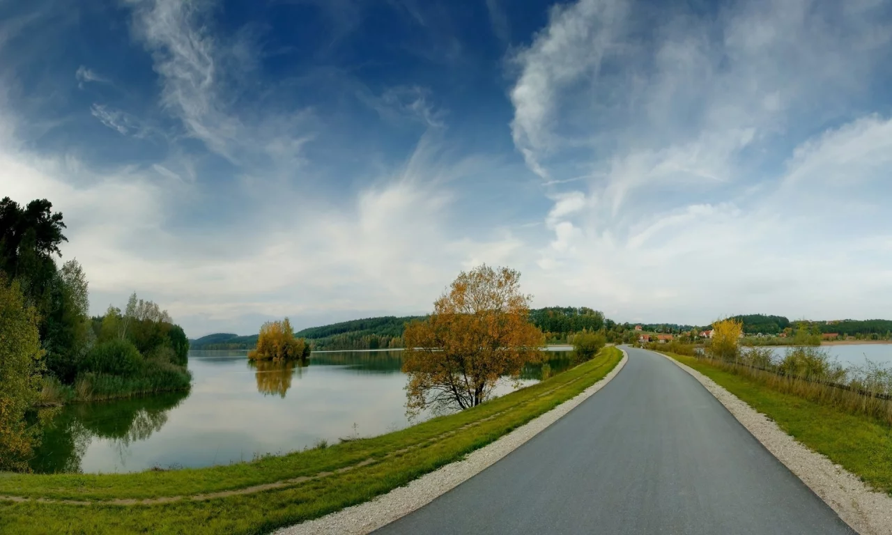 лес, пейзаж, небо, дорога, осень, река, природа, деревья