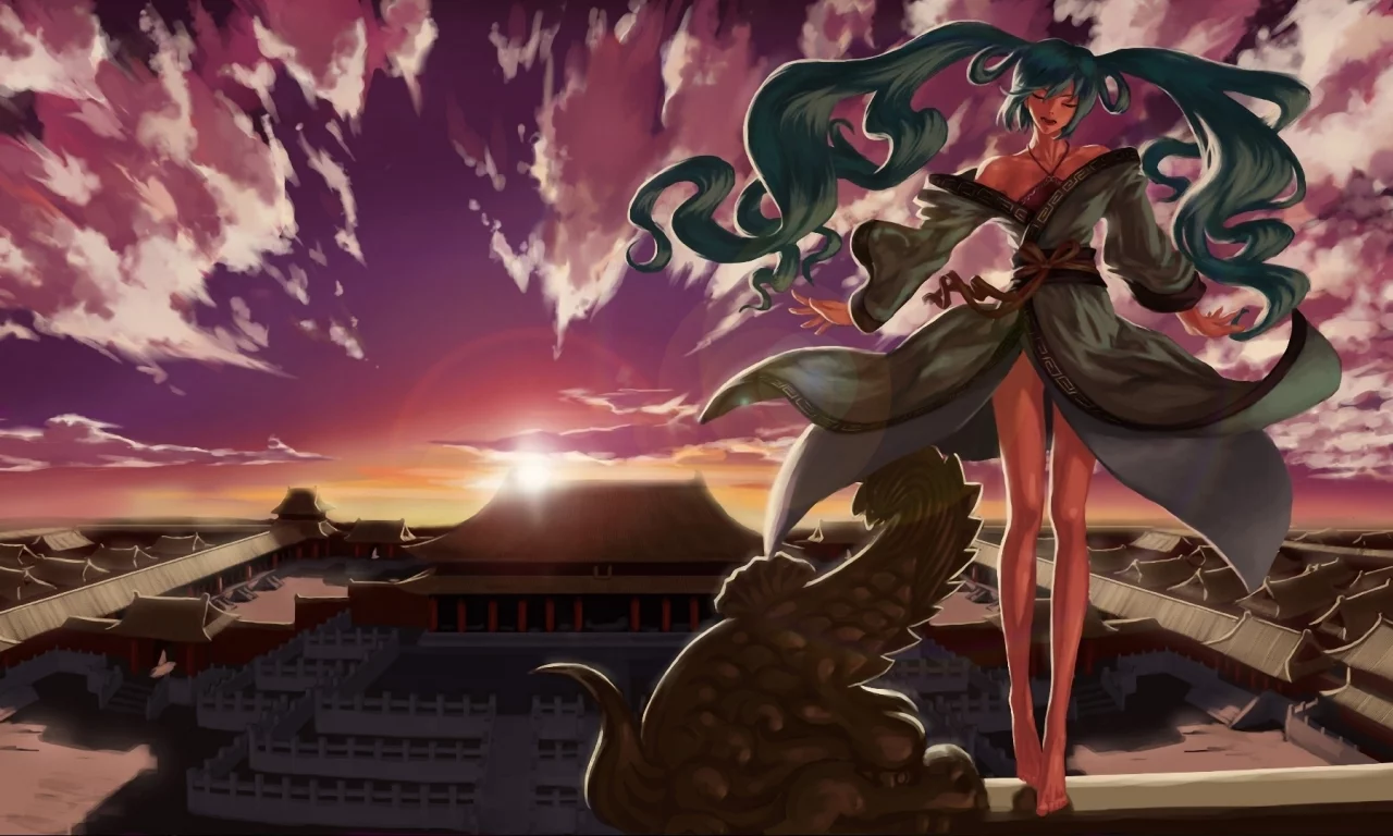 закат, девушка, крыша, облака, азия, кимоно, hatsune miku, vocaloid
