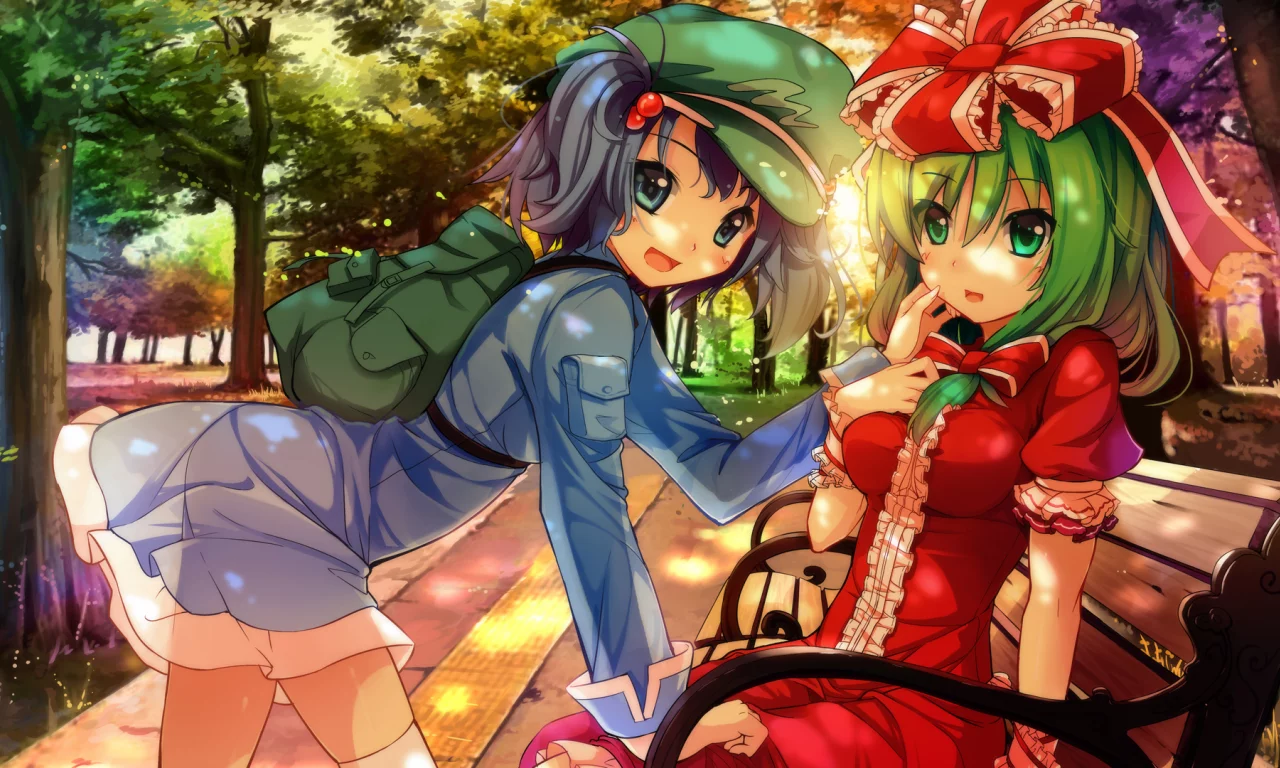 скамейка, touhou, лавочка, город, парк, рюкзак, деревья, девушки
