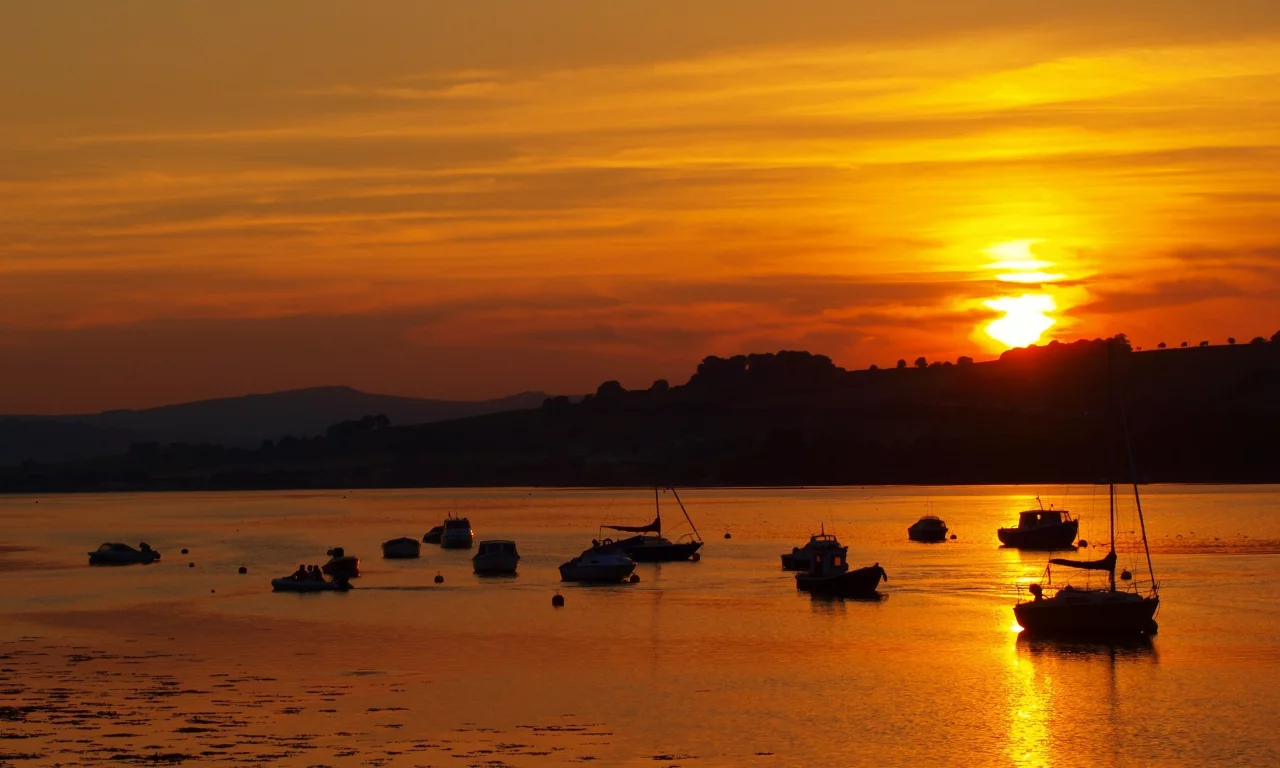 море, закат, лодки, вода
