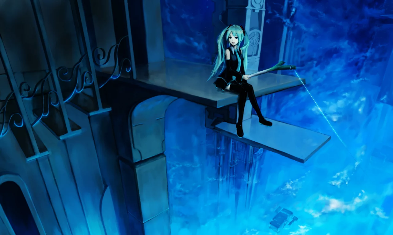 удочка, hatsune miku, улыбка, vocaloid, лестница, высота, девушка
