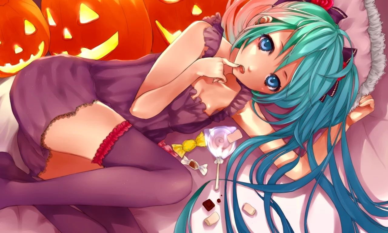 halloween, подушки, чулки, тыквы, vocaloid, конфеты, девушка, лежит, hatsune miku