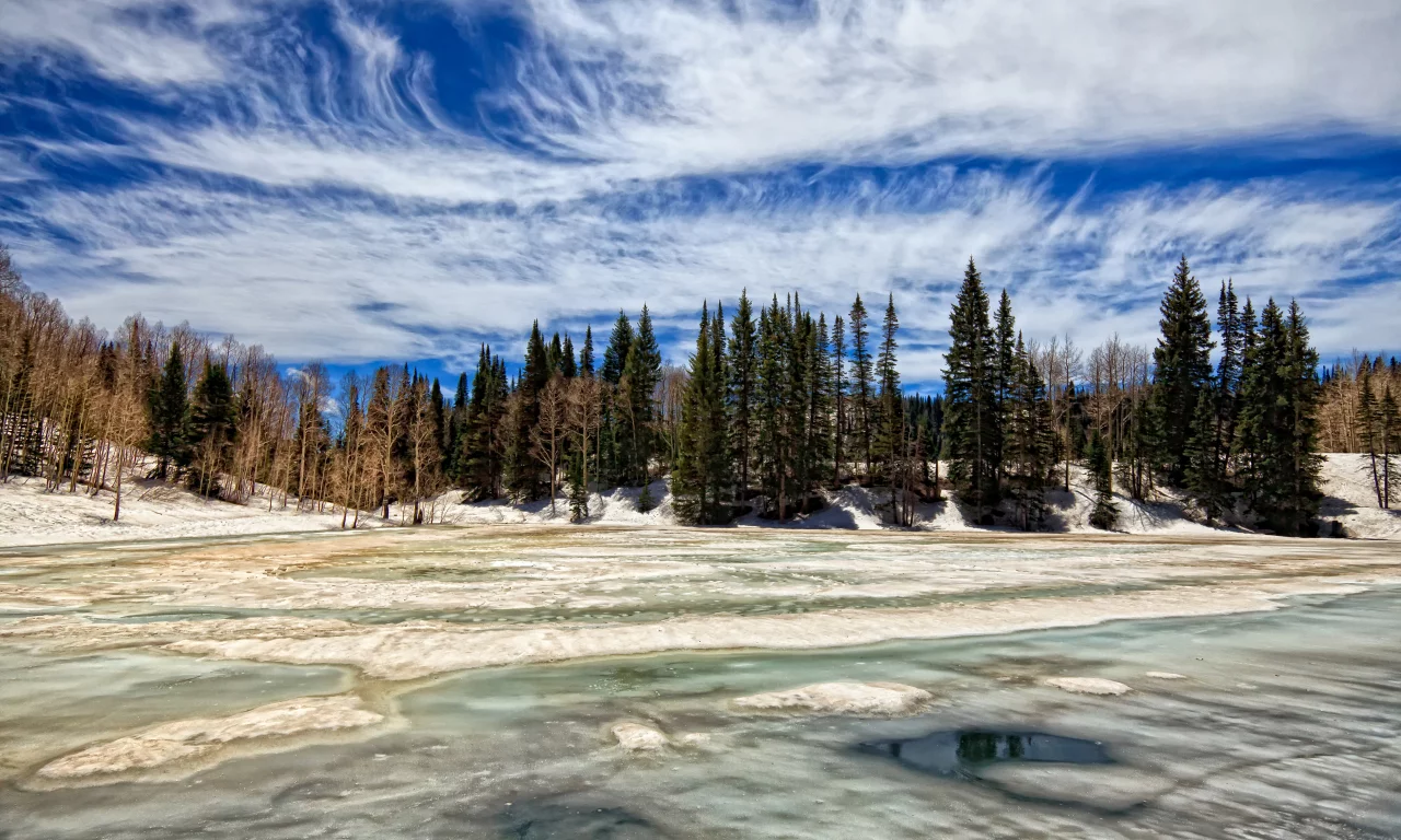 лес, зима, облака, весна, across ice of dog lake