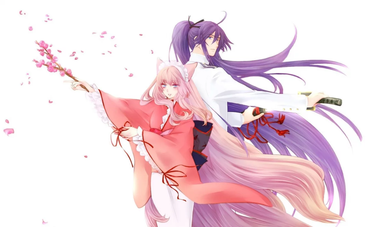vocaloid, аниме, kamui gakupo, парень, вокалоид, сакура, весна, кимоно, девушка, оружие, megurine luka