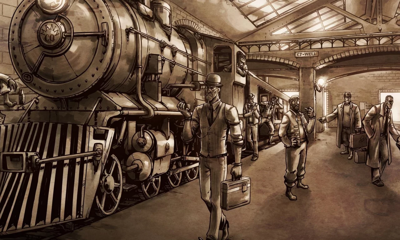 steampunk, вокзал, люди, паровоз, перрон
