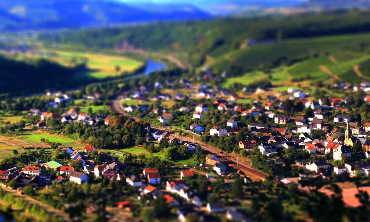 река, вид, холмы, горы, панорама, долина, tilt-shift, пейзаж, город, дома