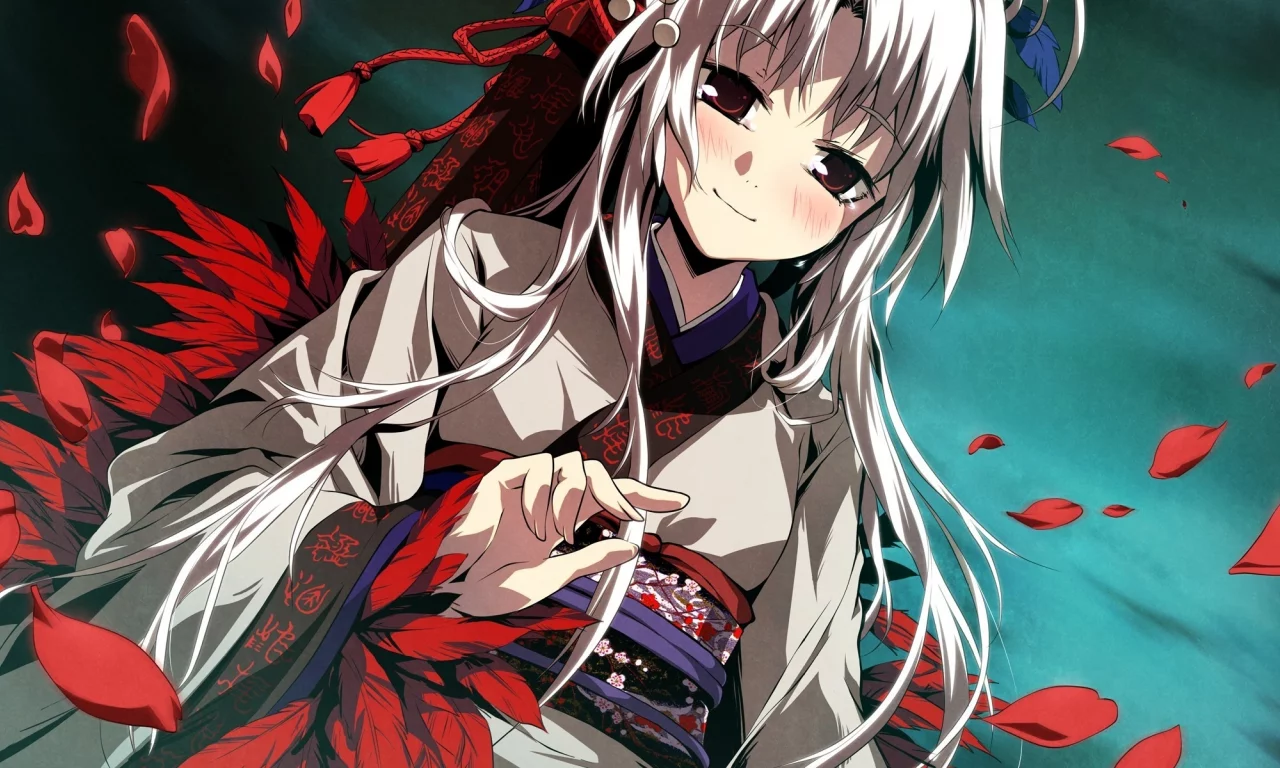 юката, перья, румянец, девушка, лепестки, кимоно, game, kajiri kamui kagura, g yuusuke