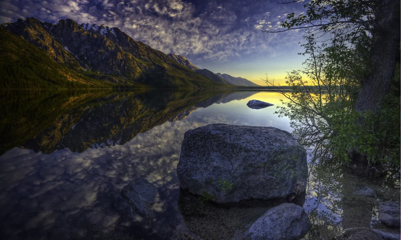 отражение, природа, облака, вода, гора, камень, небо