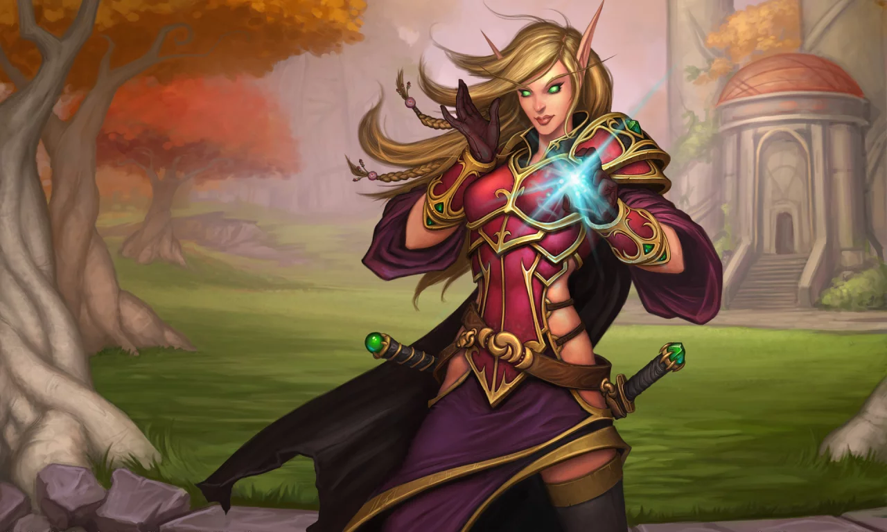 меч, эльфийка, the burning crusade, деревья, уши, беседка, эльф, оружие, магия, world of warcraft, пейзаж