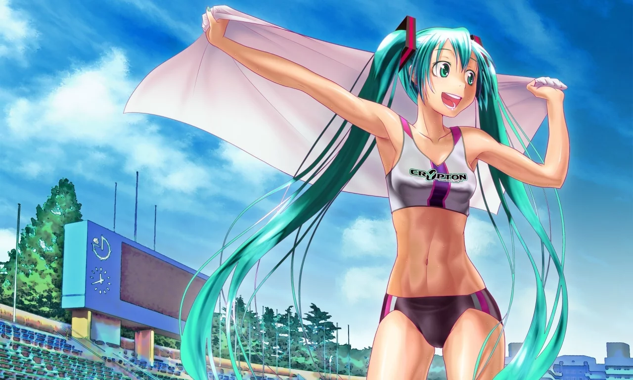девушка, стадион, vocaloid, hatsune miku, радость