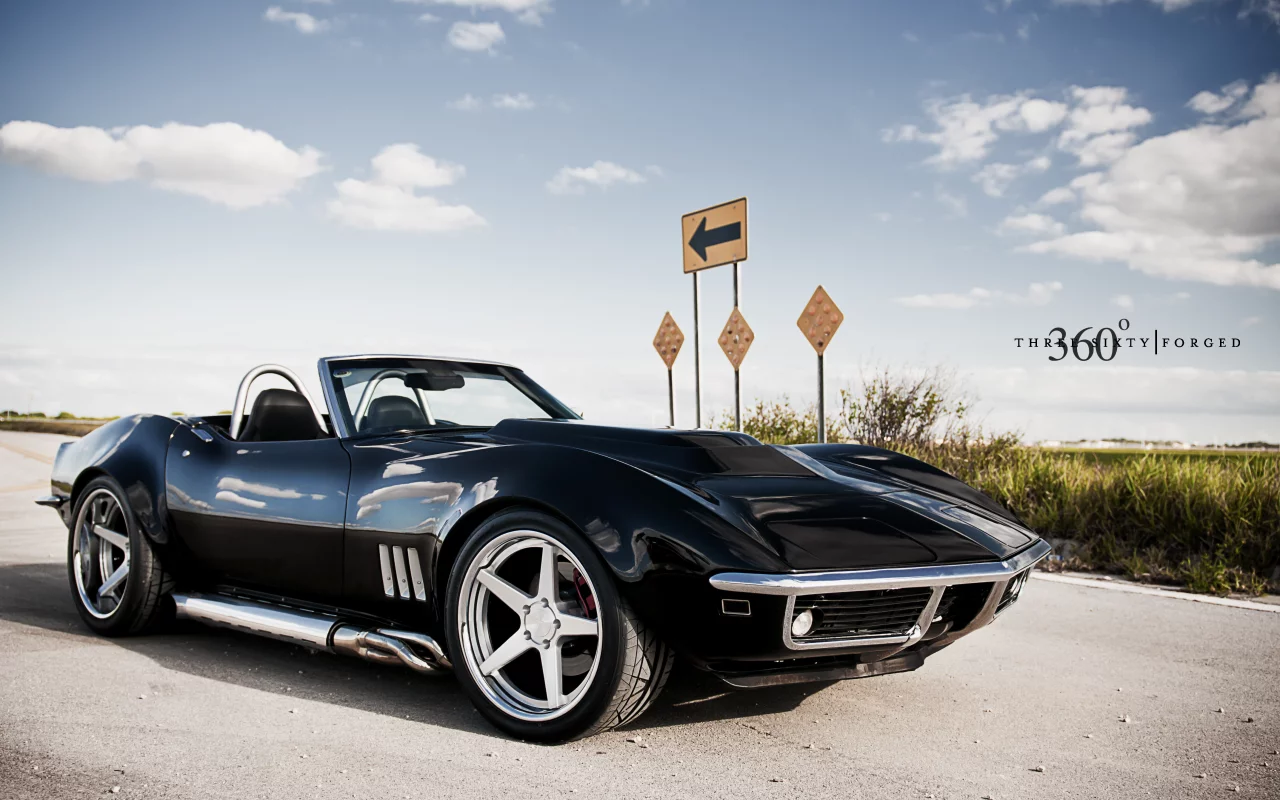 передняя часть, небо, c3, black, corvette, chevrolet, чёрный, дорожный знак, облака, шевроле, корвет, 360 three sixty forged