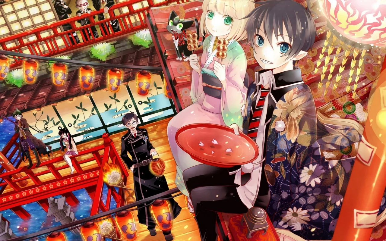 ao no exorcist, кимоно, фонари, синий экзорцист, тарелка, сладости