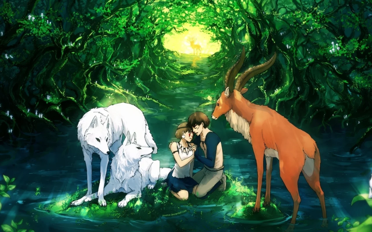 арт, mononoke hime, ashitaka, yuumei, островок, вода, лес, принцесса мононоке, san, парень, девушка, пруд, волки, олень