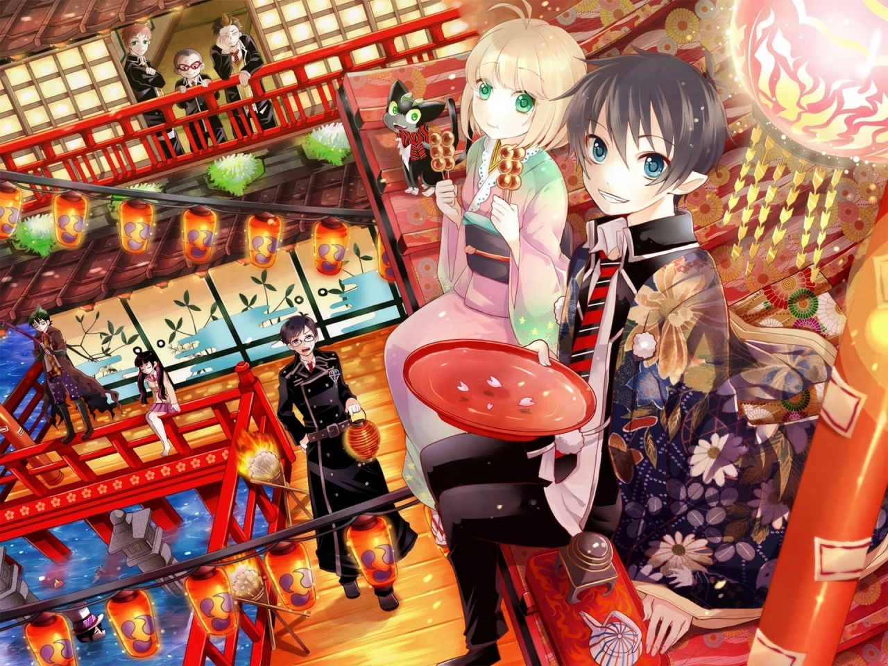 ao no exorcist, кимоно, фонари, синий экзорцист, тарелка, сладости