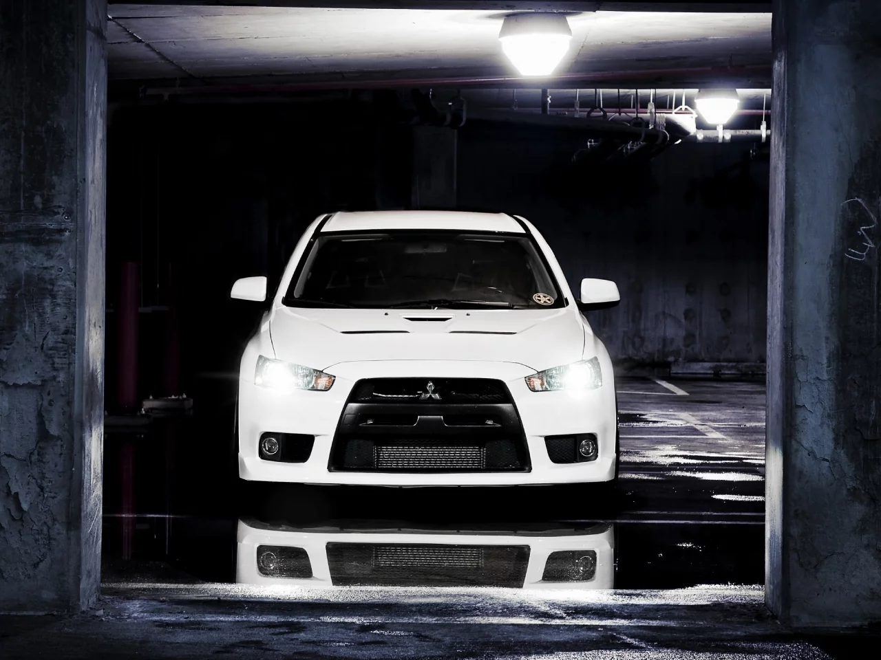 парковка, отражение, mitsubishi evo 10