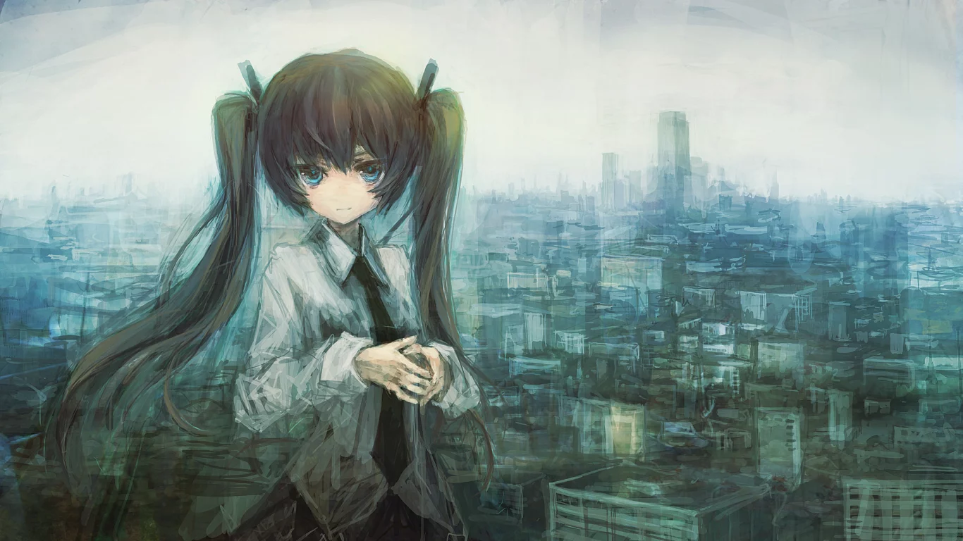 город, hatsune miku, рисунок
