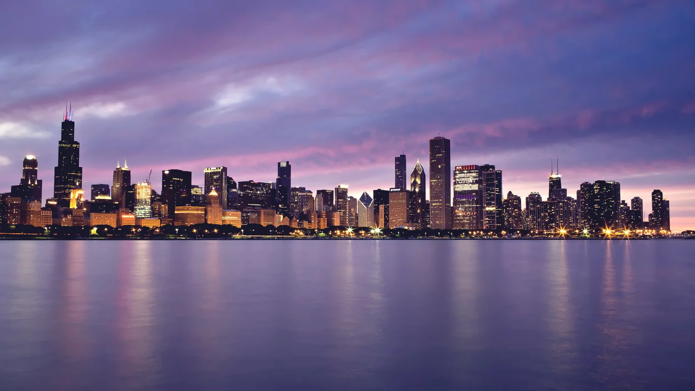 закат, небоскрёбы, здания, chicago, огни