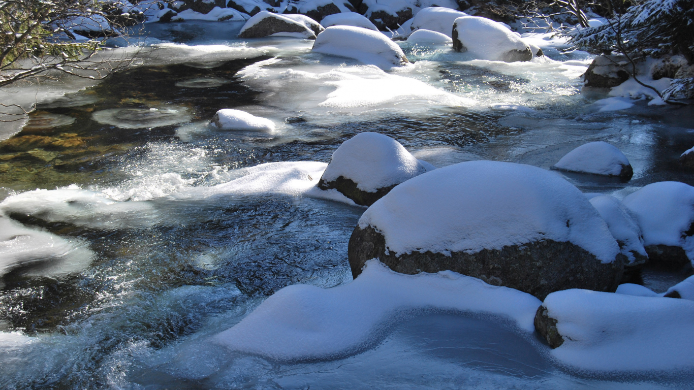 снег, река, камни, мороз, лёд