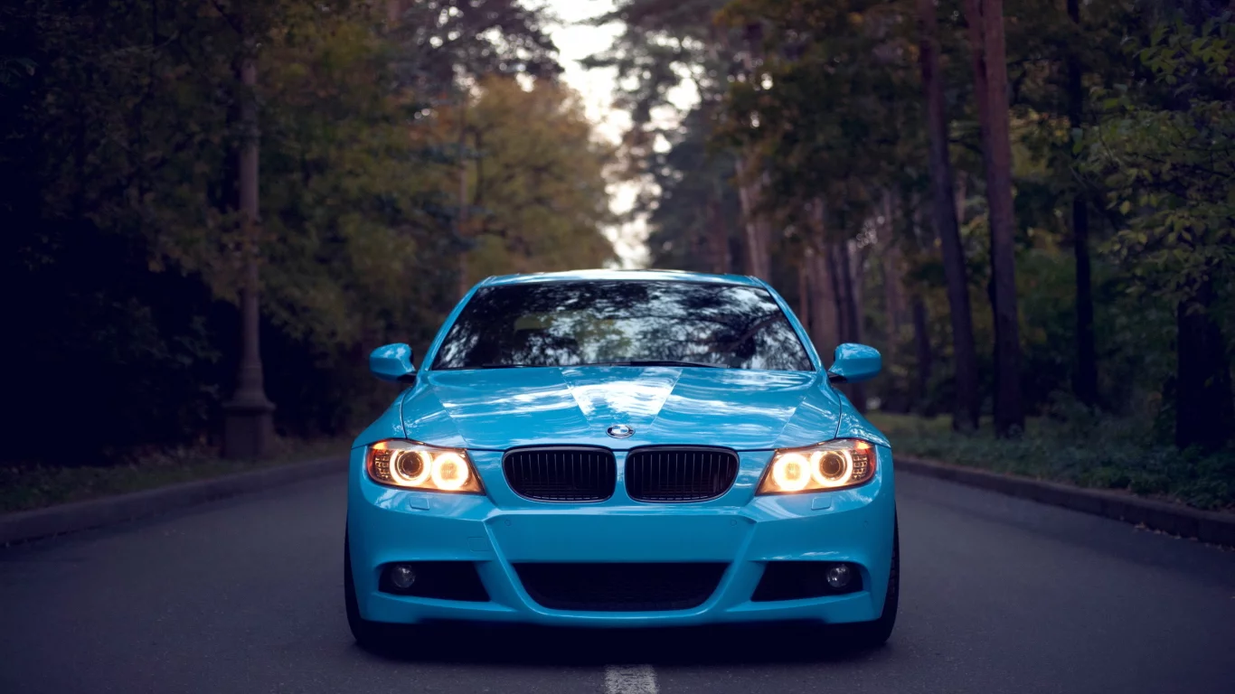 бмв, bmw, 3 series, дорога, front, лес, свет фар, голубая