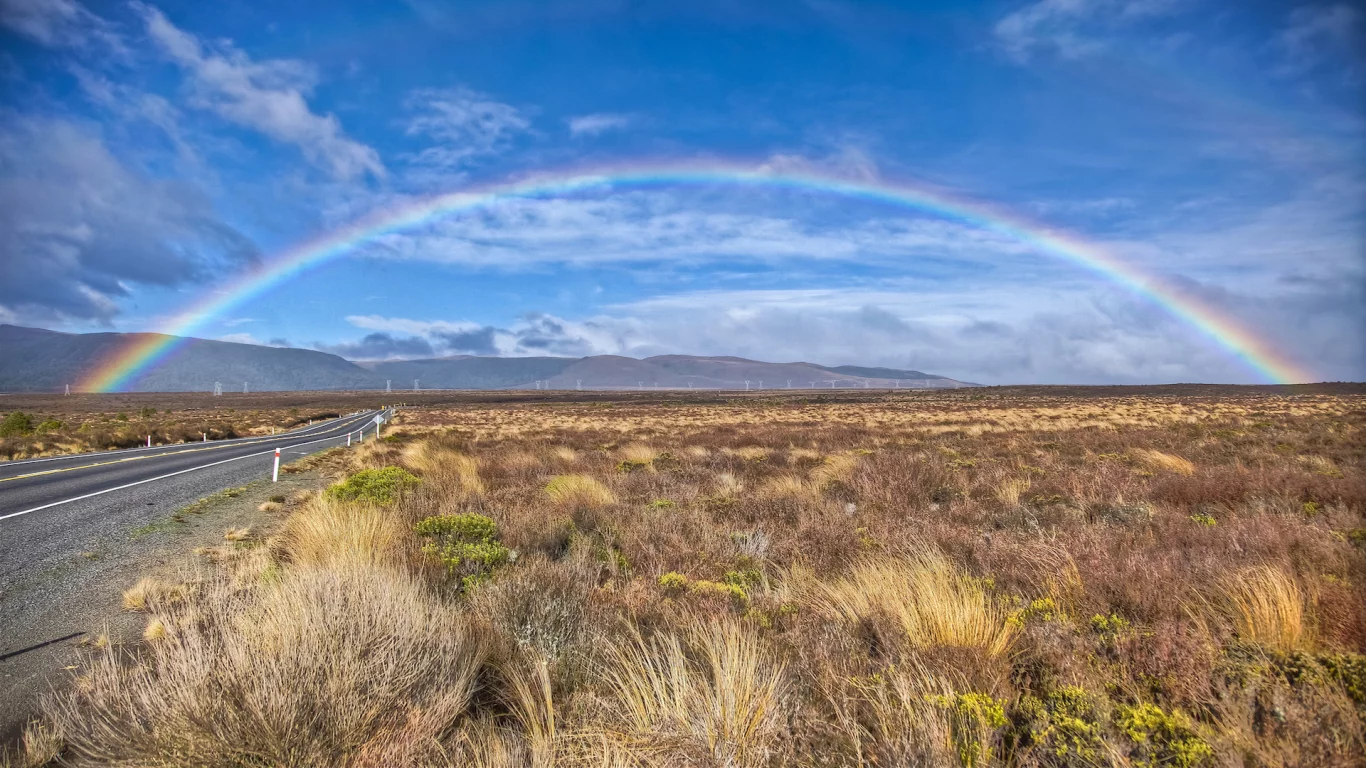 новая, зеландия, пейзаж, дорога, радуга, трава, new, zealand, природа, холмы