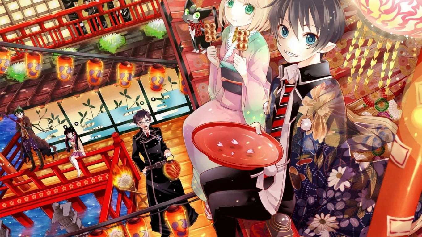 ao no exorcist, кимоно, фонари, синий экзорцист, тарелка, сладости