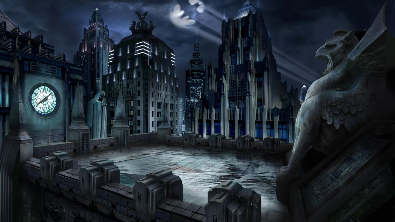 gotham city, гаргулья, batman, ночь, здания, крыша