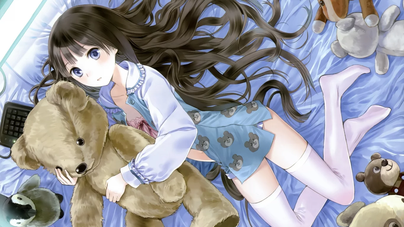 kishida mel, kamisama no memo chou, медведь, постель, игрушки, девочка